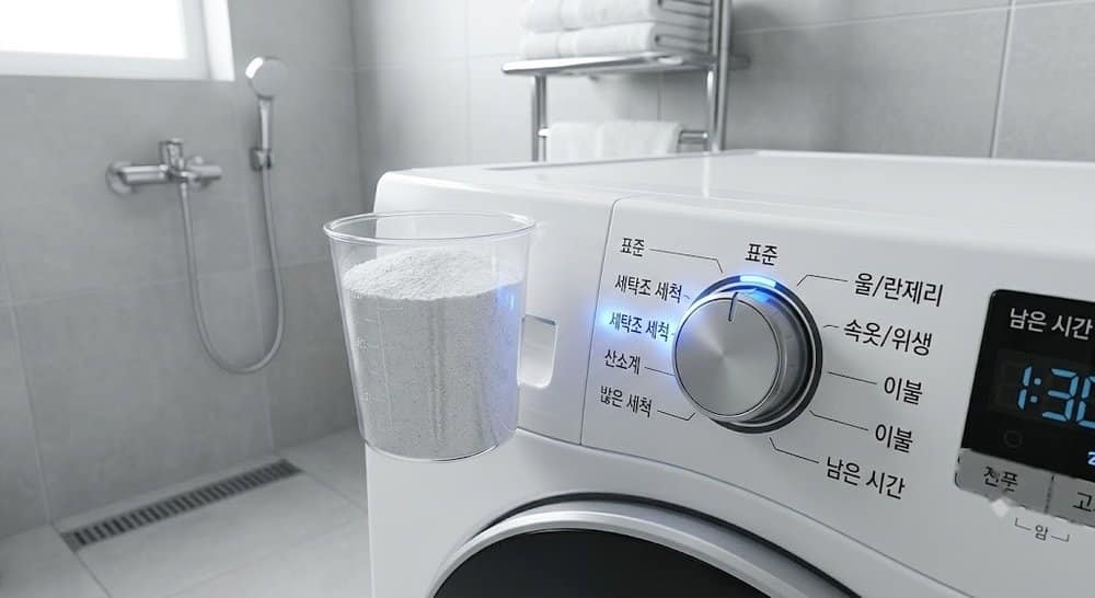 세탁기 통세척 코스가 선택된 조작부와 산소계 세척제 가루