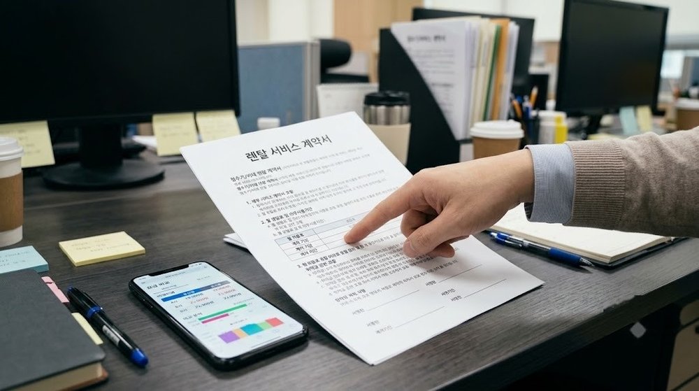 비데 렌탈 계약서와 요금 비교 화면을 손으로 짚는 모습