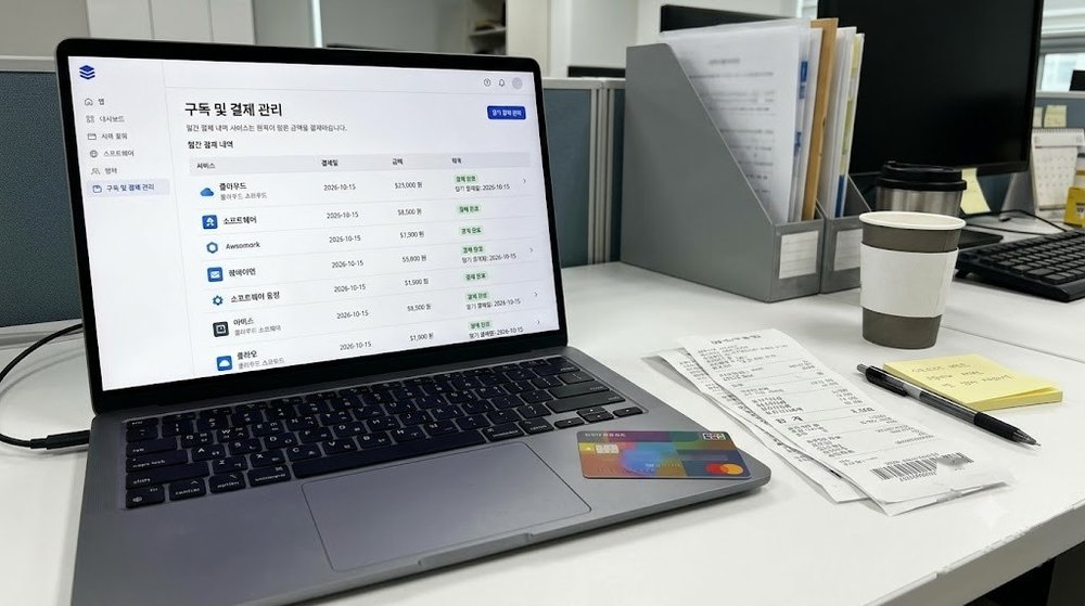 노트북 화면에 표시된 구독 결제 관리 화면과 카드
