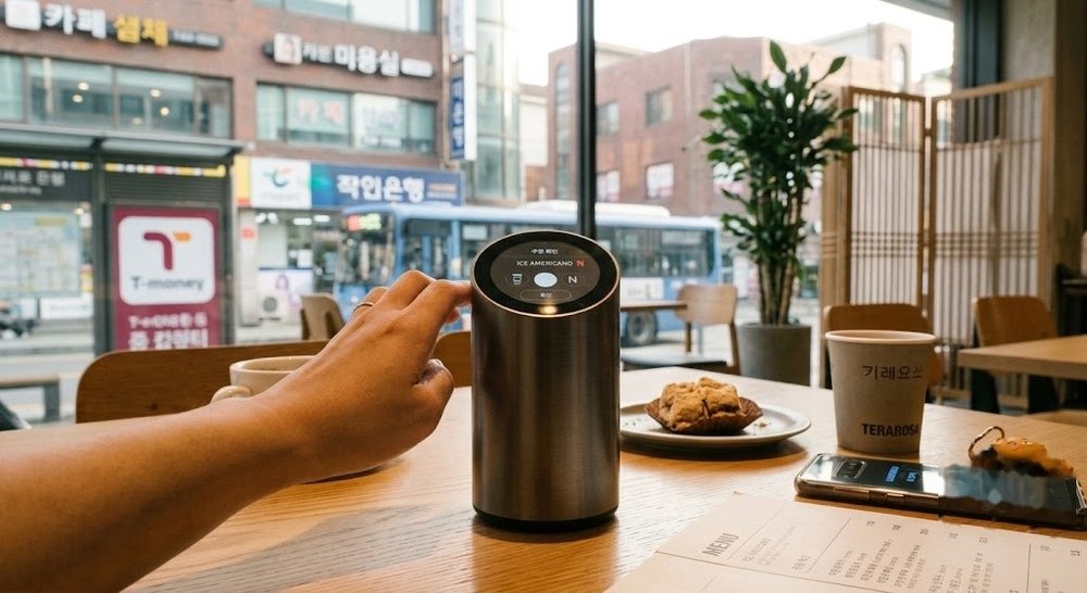 카페 테이블에서 아이코스 일루마 i 홀더의 터치스크린을 조작하는 손