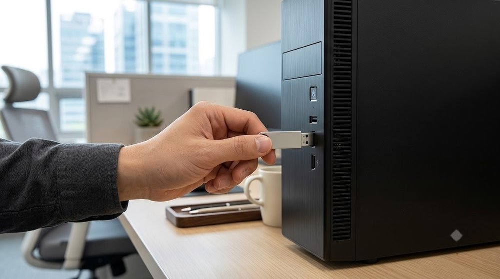 데스크톱 PC 전면 포트에 8GB USB를 꽂고 있는 손