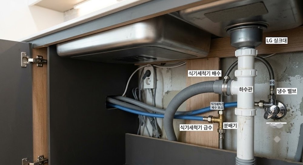 식기세척기 급수·배수 호스 연결부 클로즈업