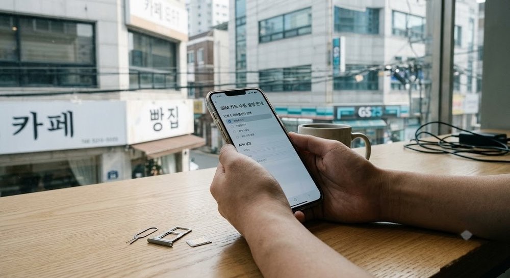 알뜰폰 유심을 교체하기 위해 스마트폰을 만지는 손