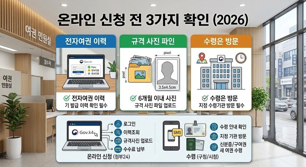 온라인 여권 재발급 신청 전 확인사항 인포그래픽