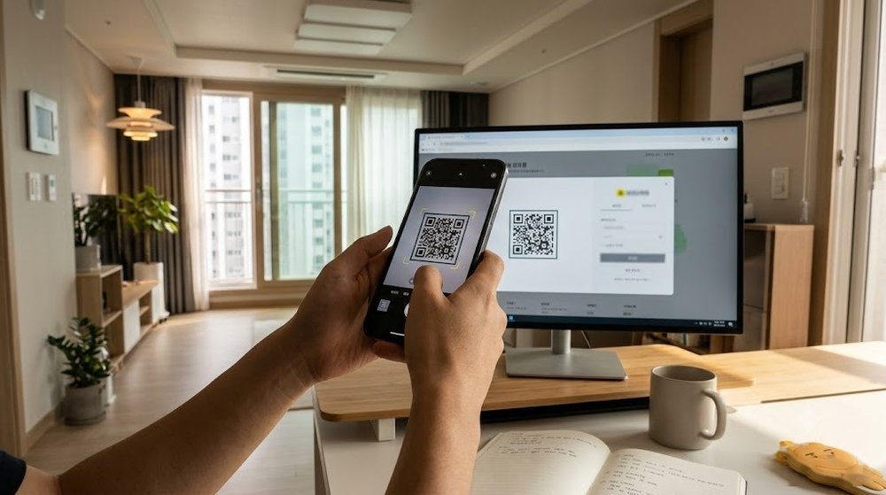 컴퓨터 모니터의 QR 코드를 스캔하는 스마트폰