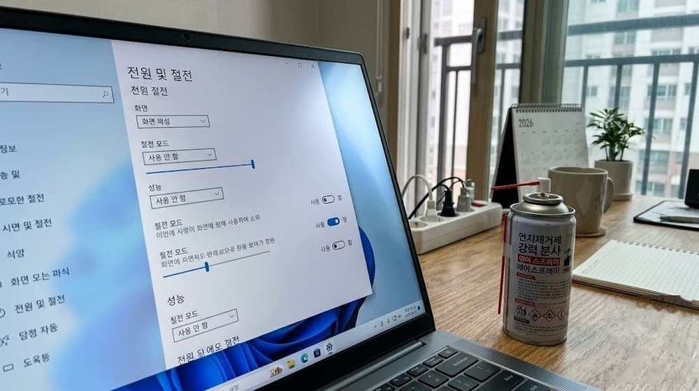 노트북 윈도우 전원 모드 설정 화면과 압축 공기