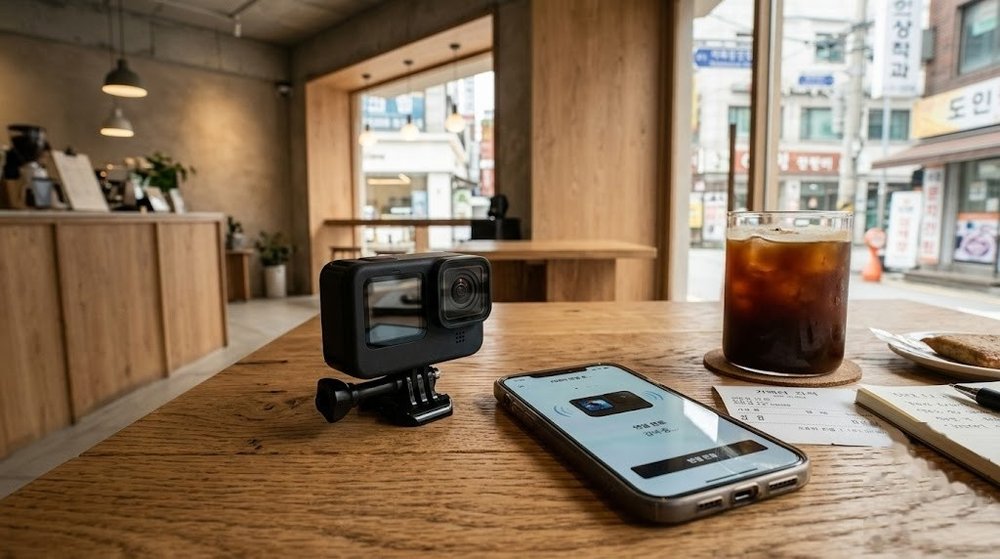 스마트폰과 연결된 dji 액션캠 화면