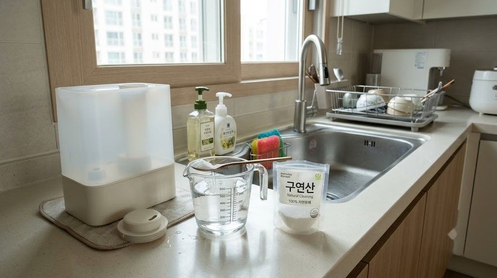 주방 싱크대에서 구연산을 이용해 가습기 수조를 세척할 준비를 하는 모습