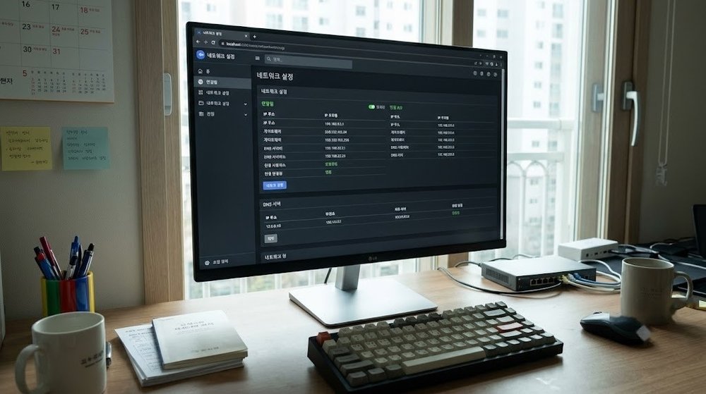 PC 모니터에 시놀로지 nas 네트워크 설정 화면이 띄워진 모습